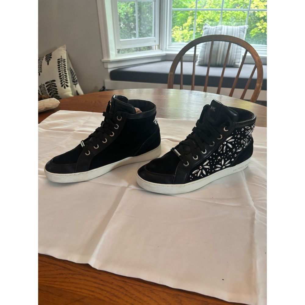 Michael Kors Glam Sparkly Black Leather Suede Crystal Floral High Top Sneaker 8